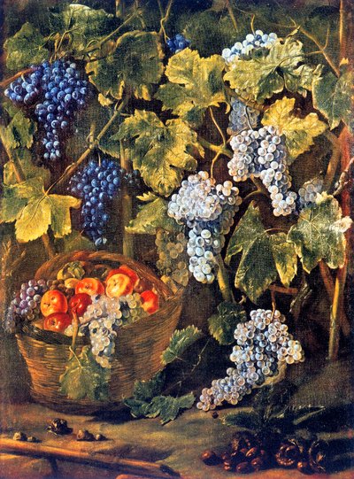 Stilleven met een mand fruit, kastanjes en een achtergrond van wijnstokken en druiventrossen door Michelangelo Cerquozzi